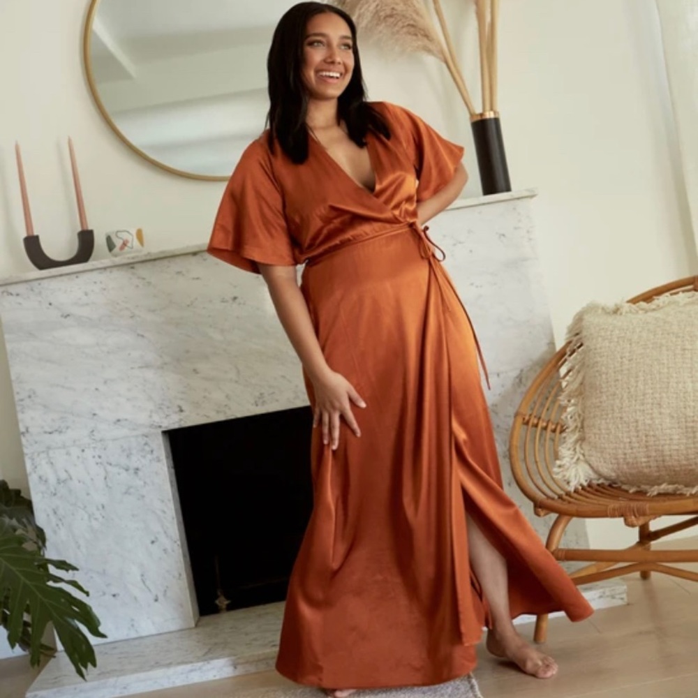 Elegant Satin Wrap Maxi Dress in Rust